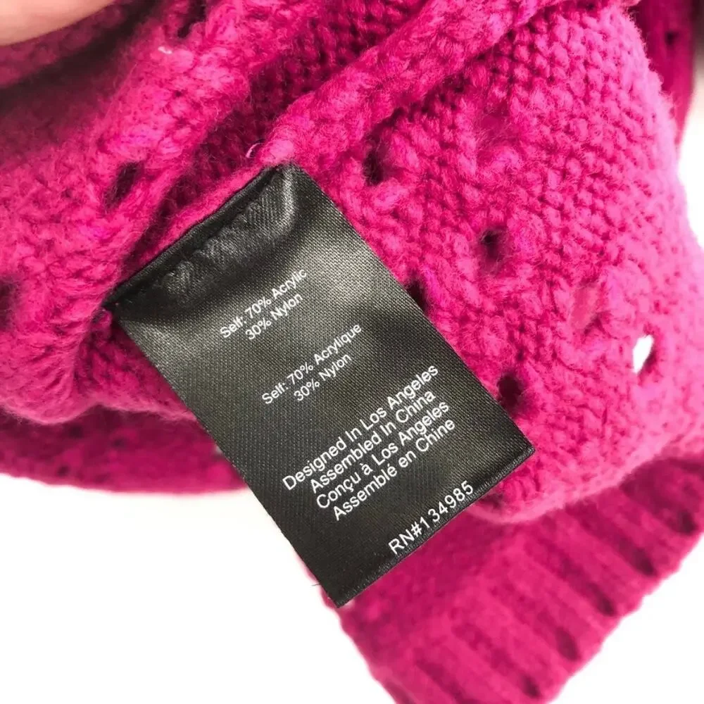 For Love and Lemons Brooke Puff Sleeve Pointelle Knit Sweater Juice Pink MEDIUM